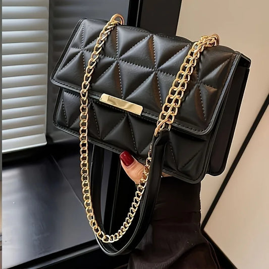 Damesschoudertas met modeketen, chique kleine vierkante tas voor dames, luxe gewatteerde handtas voor dagelijks reizen, winkelen, feesten.