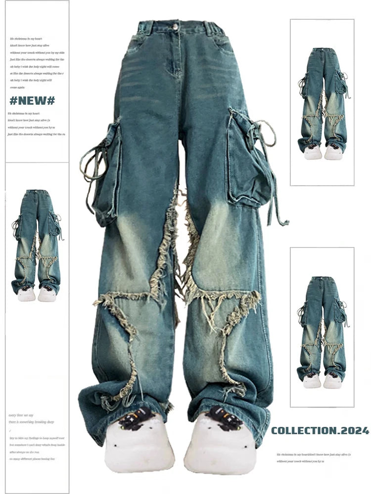 Vrouwen Blue Cargo Jeans Baggy Vintage jaren '90 Esthetische Hoge Taille Cowboy Broek Harajuku Denim Broek Y2k Trashy Jaren 2000 Kleding 2024
