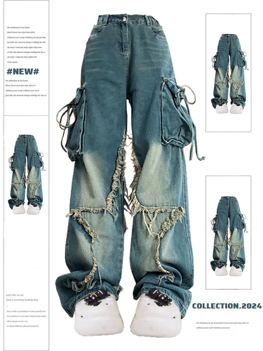 Vrouwen Blue Cargo Jeans Baggy Vintage jaren '90 Esthetische Hoge Taille Cowboy Broek Harajuku Denim Broek Y2k Trashy Jaren 2000 Kleding 2024