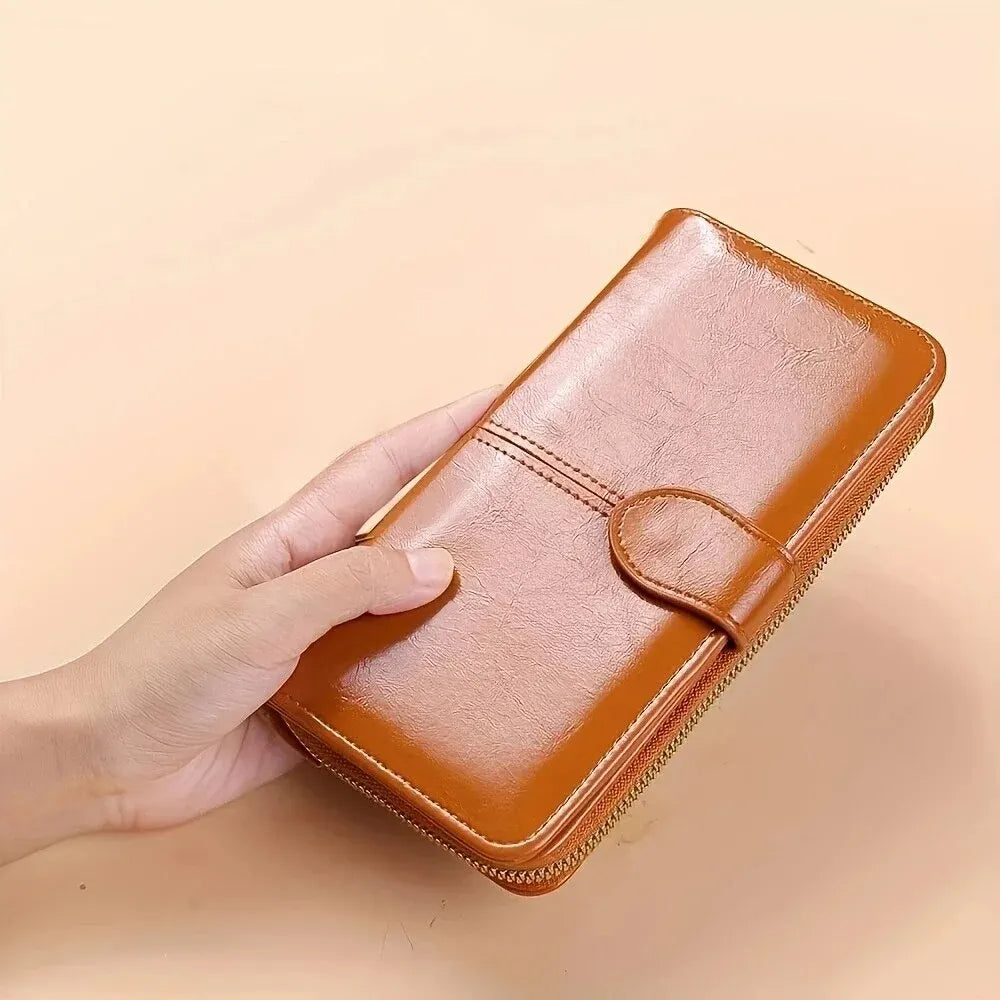 Vintage oliewas PU lederen clutch portemonnee voor dames - telefoontasje met grote capaciteit en polsbandje, eenvoudige kaarthouder buideltas
