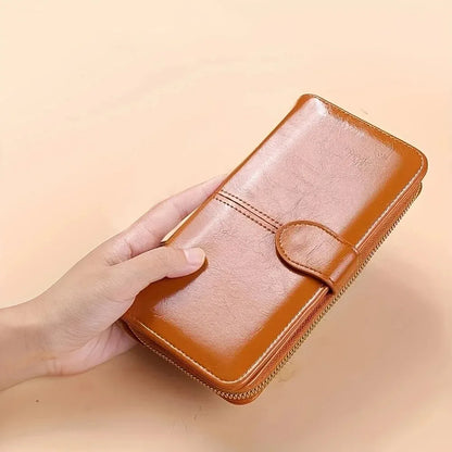 Vintage oliewas PU lederen clutch portemonnee voor dames - telefoontasje met grote capaciteit en polsbandje, eenvoudige kaarthouder buideltas