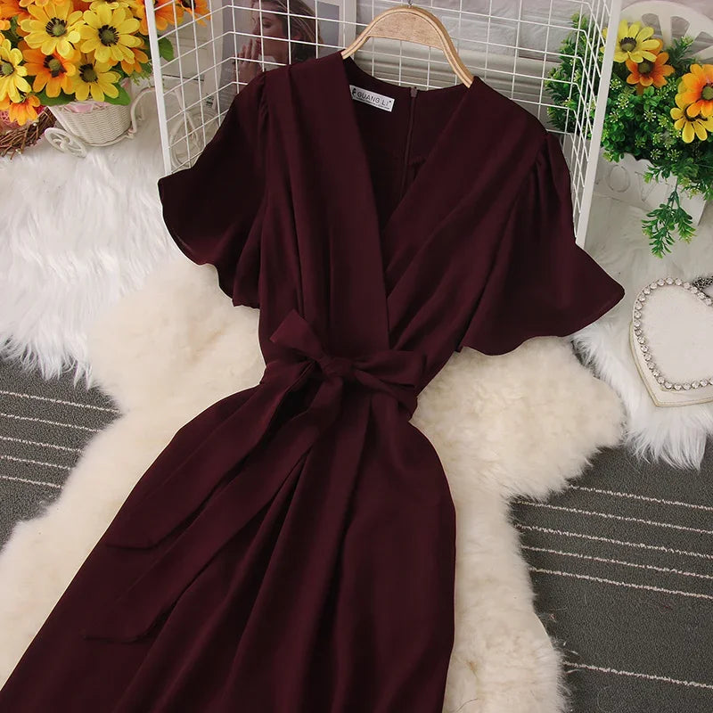 2026 New Summer Korean Chic Solid V-neck Lace-up Pocket Jumpsuits Women Elegant Wide Leg Pants Back Zip Jumpsuit