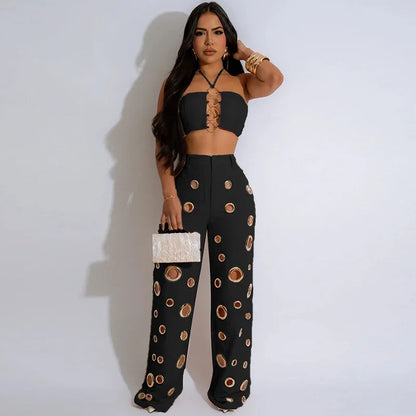 Sexy Night Party 2-delige sets Dames Outfit Clubwear Festival Kleding Halter Crop Top en broek Conjuntos Femininos Elegantes