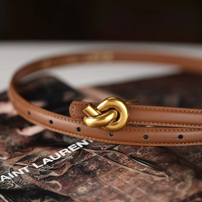 Premium Genuine Leather Women's Belt with Elegant Metal Knot Buckle Perfect for Dresses and Jeans