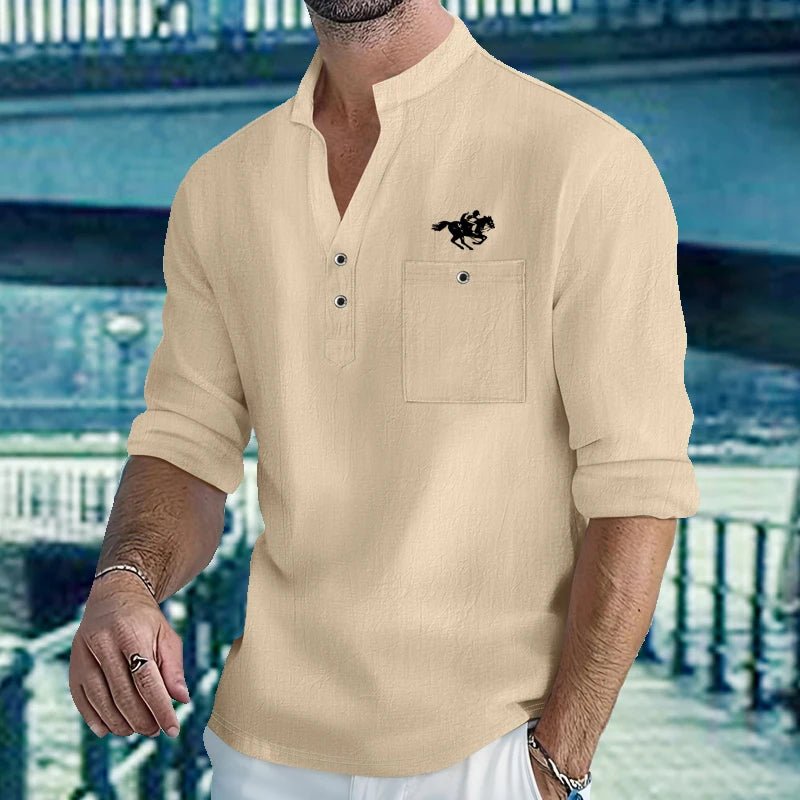 Men's Lightweight Shirts Long Sleeve Henley Cotton Linen Shirts for Male Beach Hawaiian V-neck Top Breathable Polo Shirts top