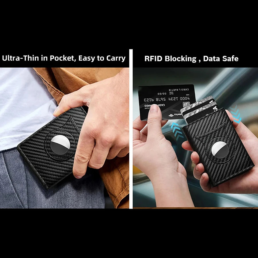 Men's Carbon Fiber Magnetic Card Clip Leather RFID Triple Fold Card with Zipper Wallet Pop Up Smart AirTag Wallet