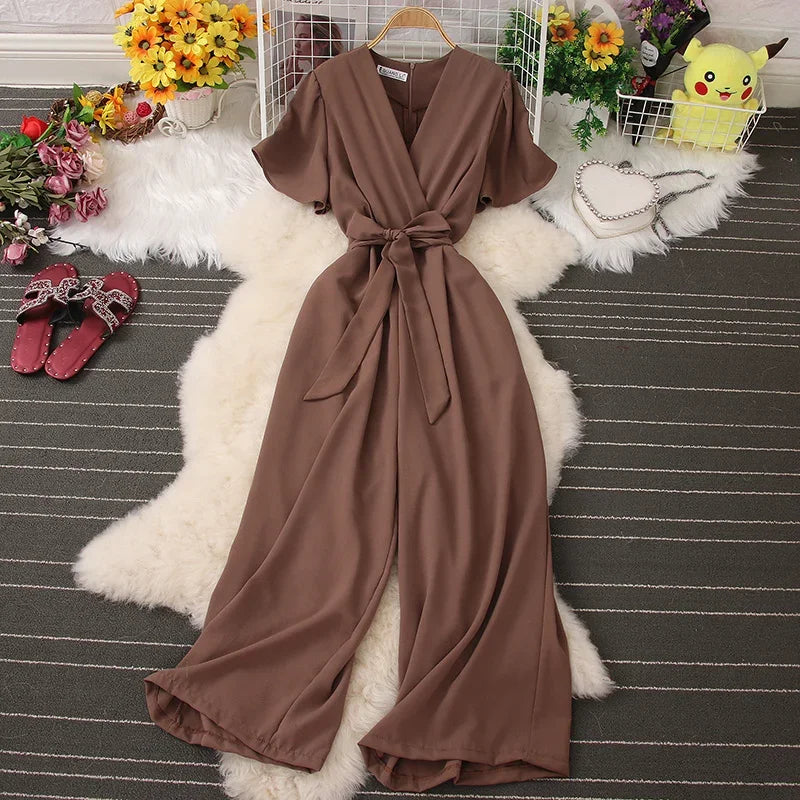 2026 New Summer Korean Chic Solid V-neck Lace-up Pocket Jumpsuits Women Elegant Wide Leg Pants Back Zip Jumpsuit