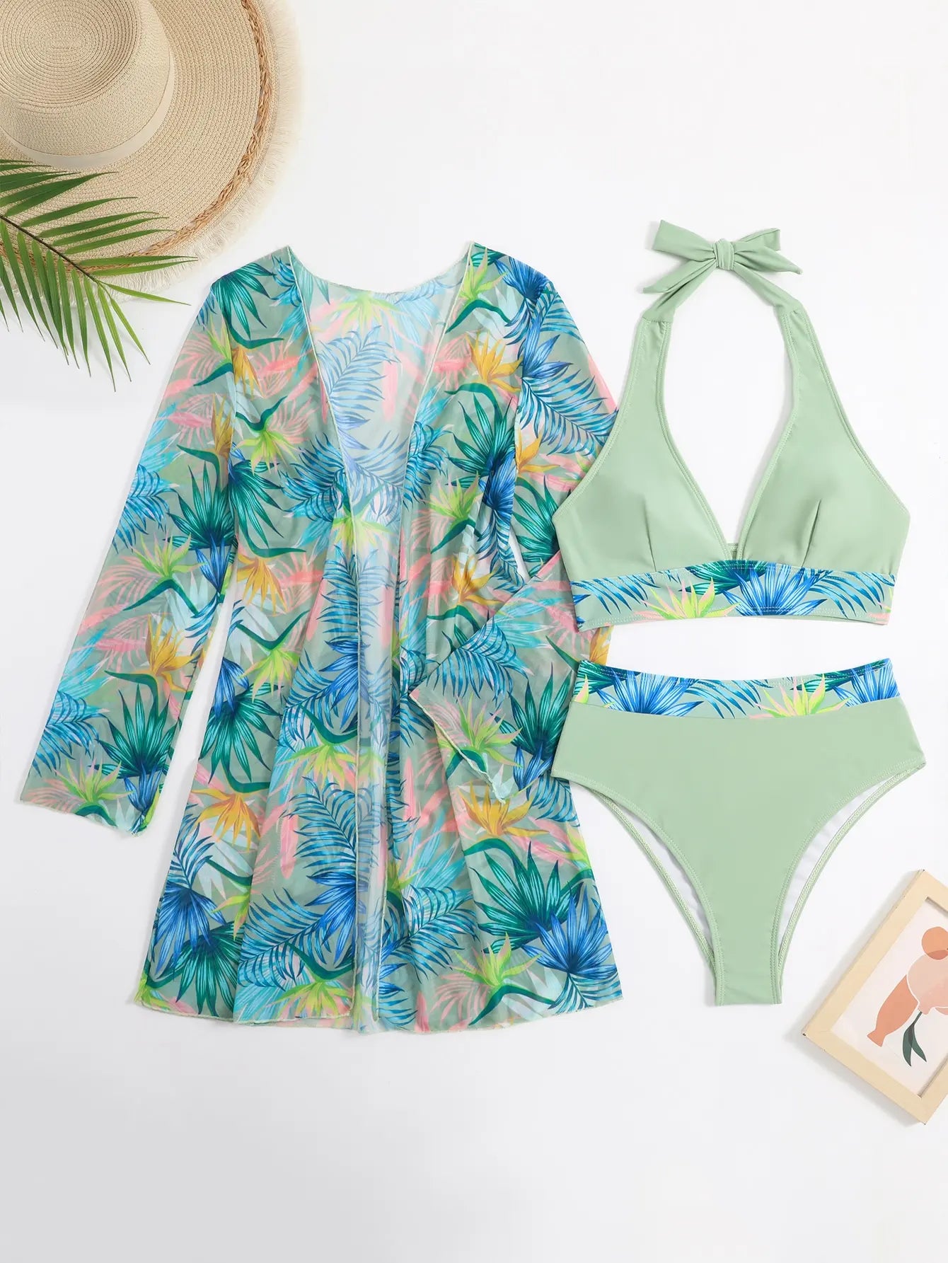 Halter Print Bikini Sets 3 STKS Vrouwen Badpak Met Kimono Hoge Taille Badmode Vrouwelijke Zwemmers Zwemmen Zwemmen Pak Beachwear