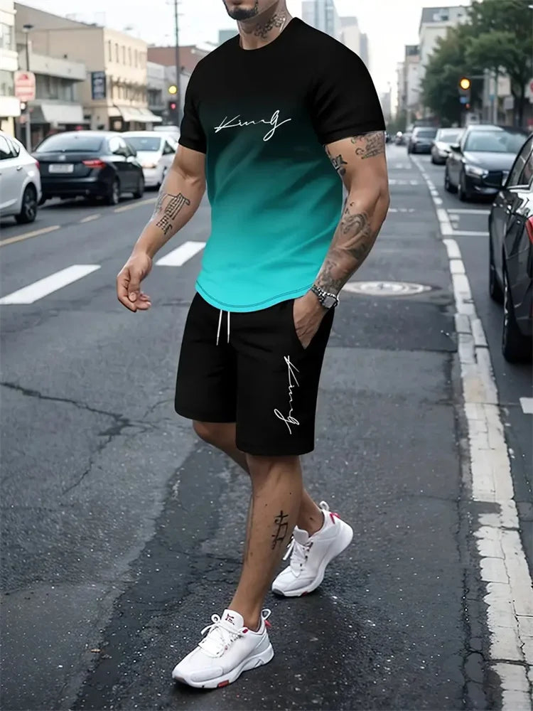 Nieuwe Heren Outfit Zomer Korte Mouwen T-Shirt Set 2 Stuk Sportkleding 3d Geprint Casual Shorts Sweatshirt Heren Trainingspak