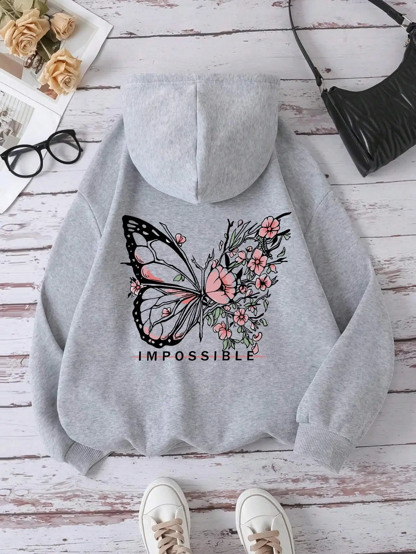 Rose Butterfly Impossible Letter Grafische Print Dames Sweatshirt Mode Warme Capuchon Losse Casual Hoodies Fleece Zachte Kleding