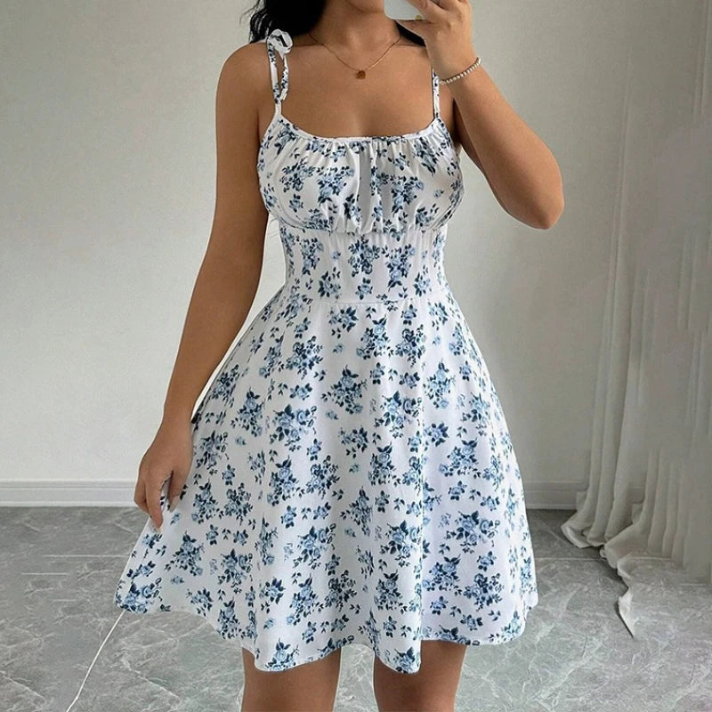 Dames zomer bloemen spaghetti strand korte jurk, damesjurken, dameskleding, dameskleding, zonnejurk, nieuw in jurk 2025