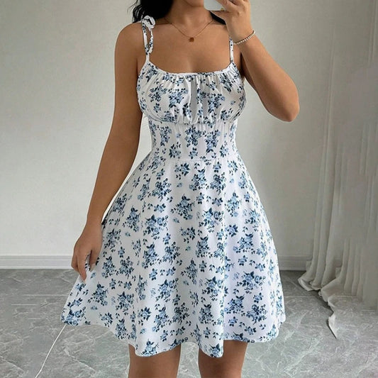 Dames zomer bloemen spaghetti strand korte jurk, damesjurken, dameskleding, dameskleding, zonnejurk, nieuw in jurk 2025