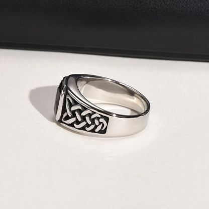 Punk Vintage Ethnic Rings for Men, Retro Viking Knot Rune Finger Band, Black Geometric Square Stone Signet Ring Jewelry