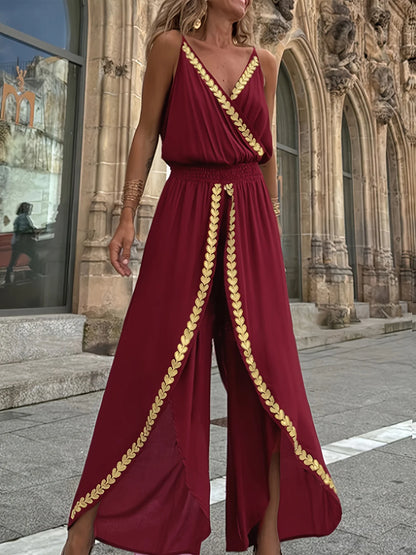 Paarse damesjumpsuit met bijgesneden omslag V-hals Hoge taille Gespleten benen Ideaal voor strandvakanties Avondwandelingen Boheemse stijlen