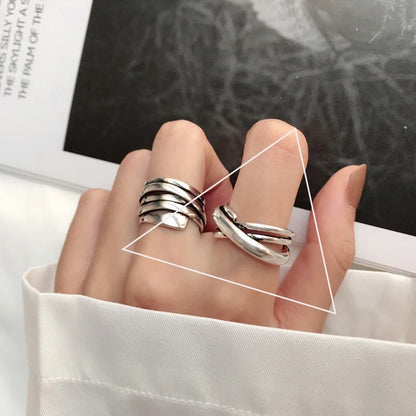 VENTFILLE 925 Sterling Silver Rings INS Fashion Hip Hop Vintage Couples Hollow Lines Punk Thai Silver Party Adjustable  Jewelry