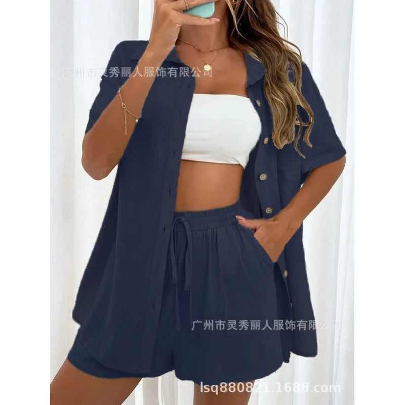 Fashion Black Short Sleeve Shirt And Shorts Two Piece Sets Women 2025 Summer Cotton Linen Casual Home 2 Piece Sets Women Outfit