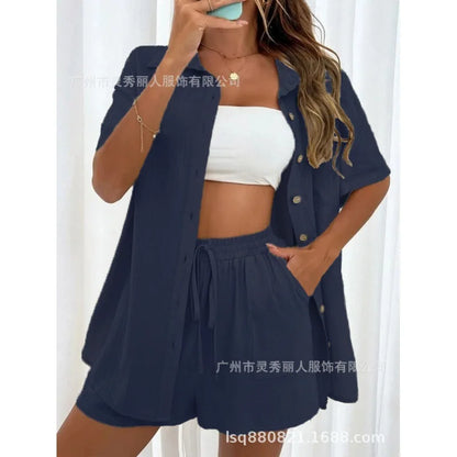 Fashion Black Short Sleeve Shirt And Shorts Two Piece Sets Women 2025 Summer Cotton Linen Casual Home 2 Piece Sets Women Outfit
