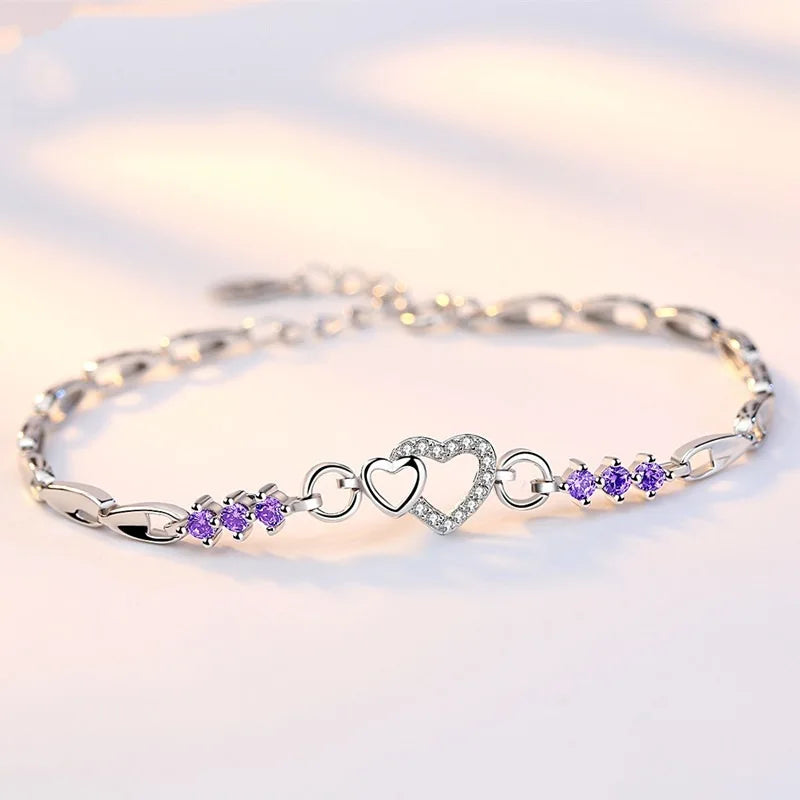 Nieuwe 925 sterling zilveren armband paars kristal zirkoon hart voor vrouw bedelarmband sieraden cadeau