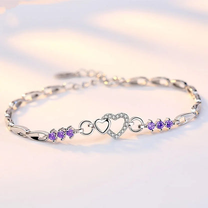 Nieuwe 925 sterling zilveren armband paars kristal zirkoon hart voor vrouw bedelarmband sieraden cadeau