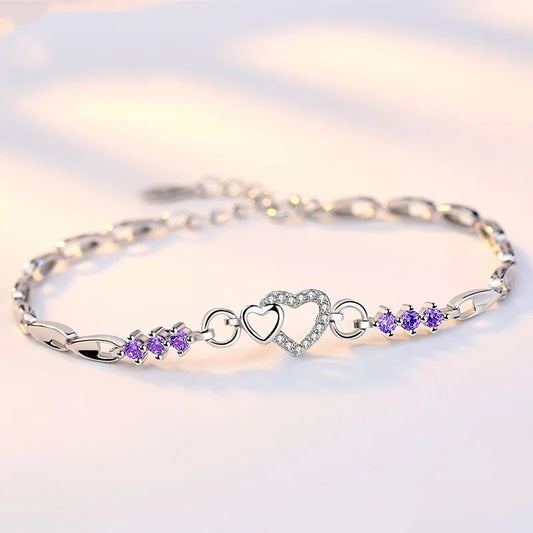 Nieuwe 925 sterling zilveren armband paars kristal zirkoon hart voor vrouw bedelarmband sieraden cadeau