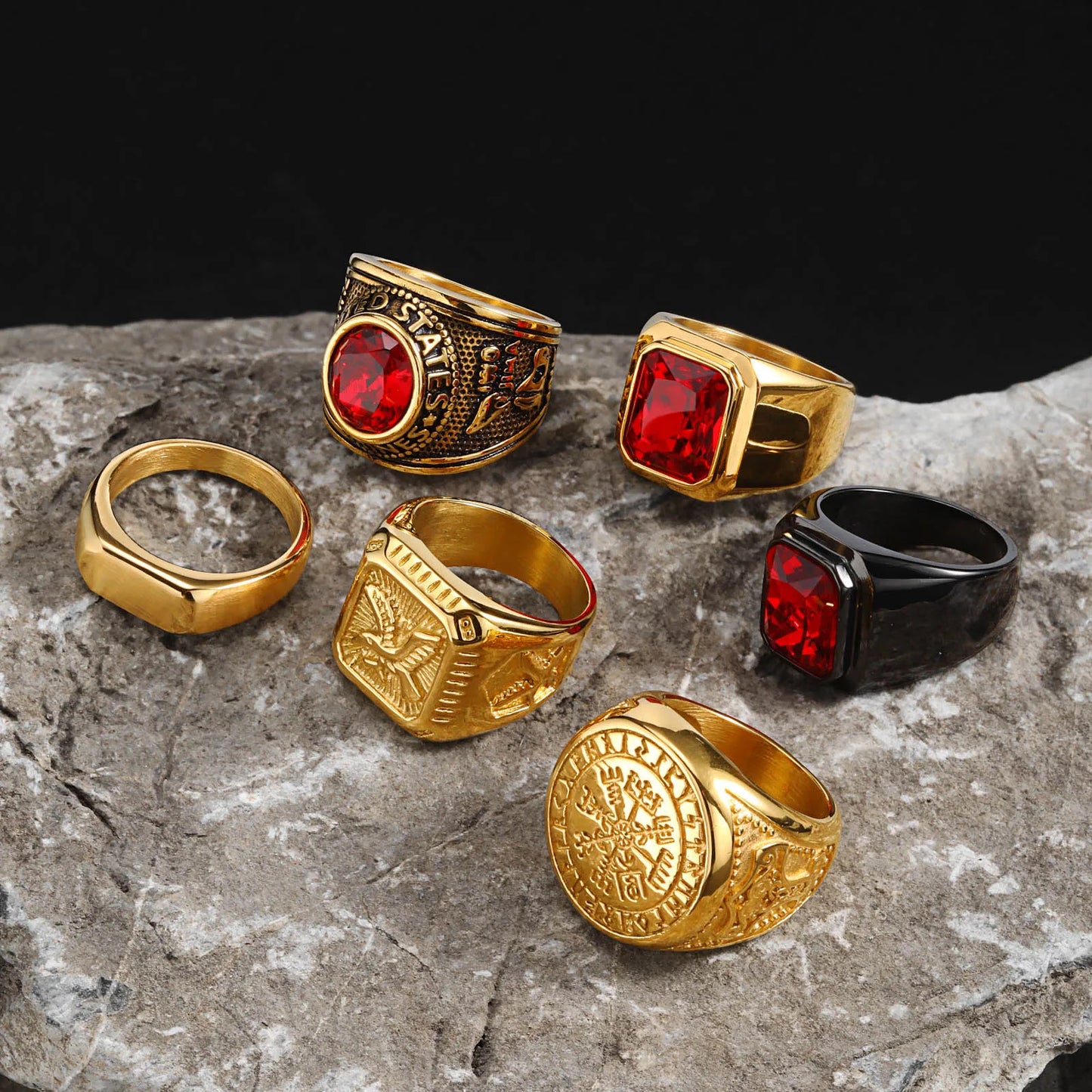 Vintage punk natuurlijke rode stenen ring voor mannen, vergulde roestvrijstalen dikke zegelring, hoge kwaliteit mode-sieraden cadeau