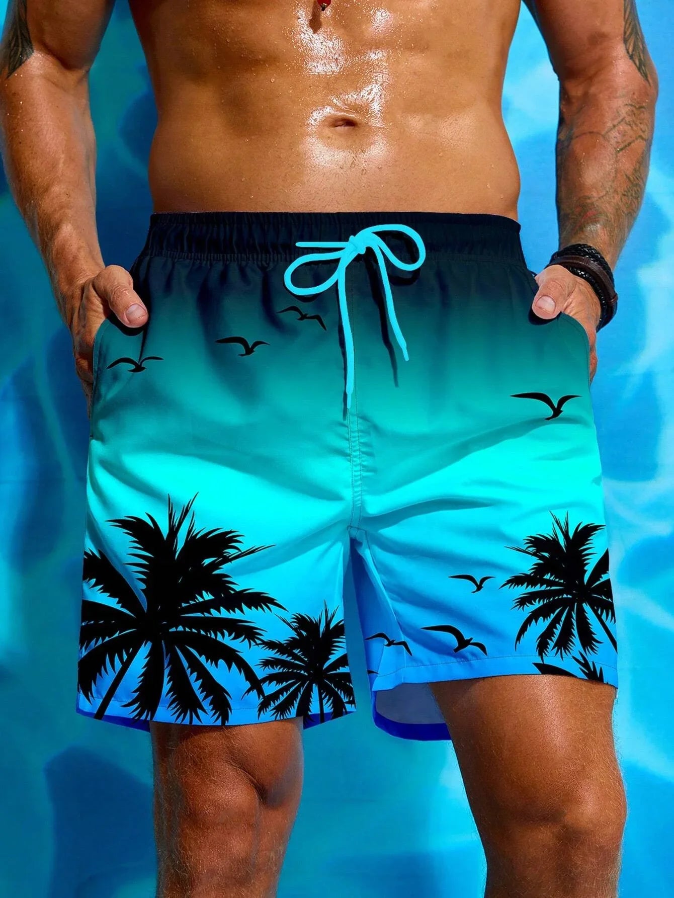 Zomervakantie Heren Palmboom 3D Print Trekkoord Taille Board Shorts Mode Zwembroek Print Ademend Korte Streetwear