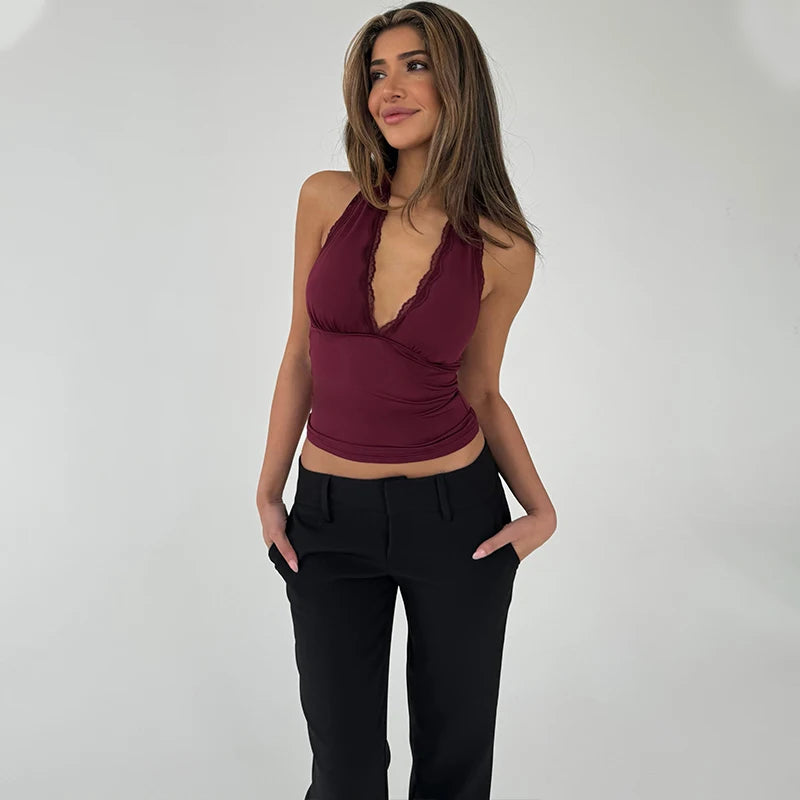 WhereMery V-Neck Sexy Lace Edge Halter Slim Backless Casual Solid Crop Tops Y2K Summer Fashion Streetwear Daily Sweet Cute Vest