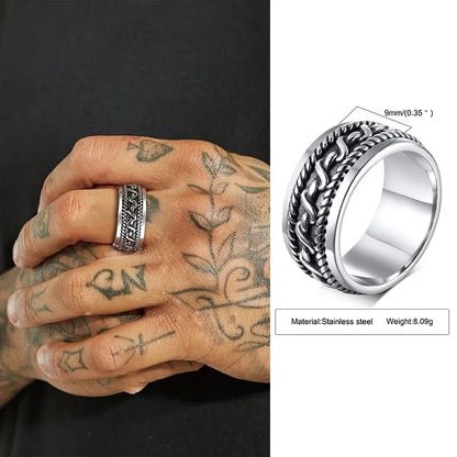 Punk Vintage Ethnic Rings for Men, Retro Viking Knot Rune Finger Band, Black Geometric Square Stone Signet Ring Jewelry